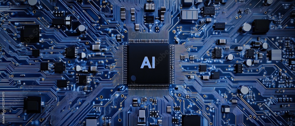 Poster ai microchip on a blue circuit board symbolizing technology advancements, digital transformation, an