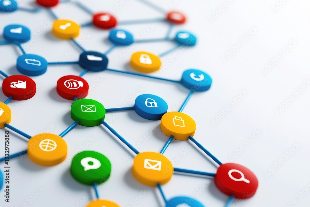Poster digital footprint illustration showing an abstract pathway of online activity with digital icons, em