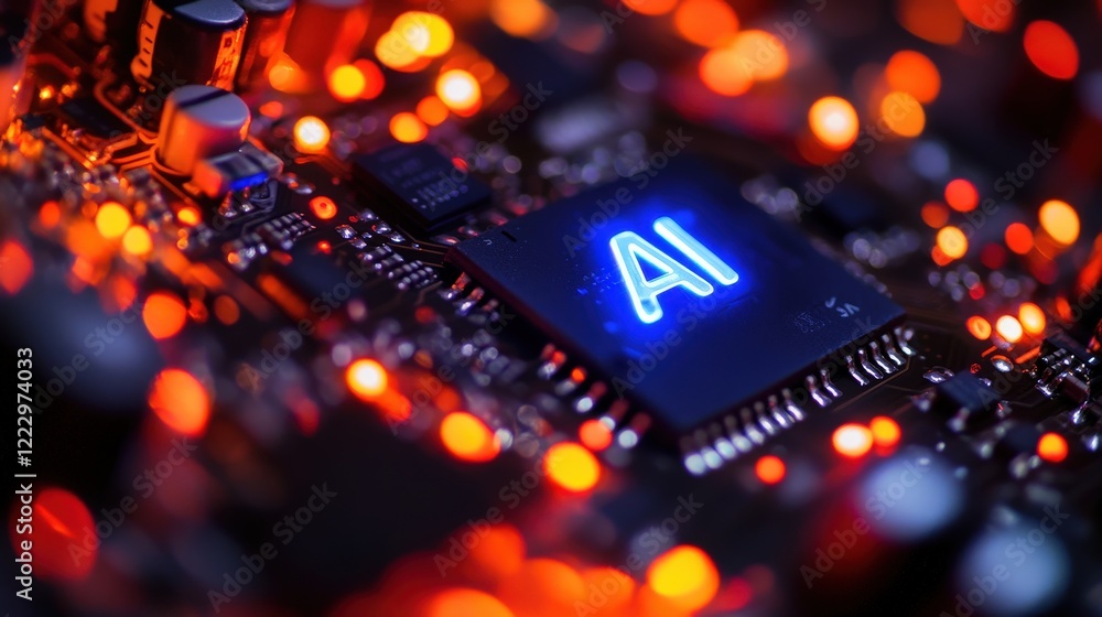 Poster ai processor on a circuit board illuminated by warm lights, showcasing advancements in technology, i