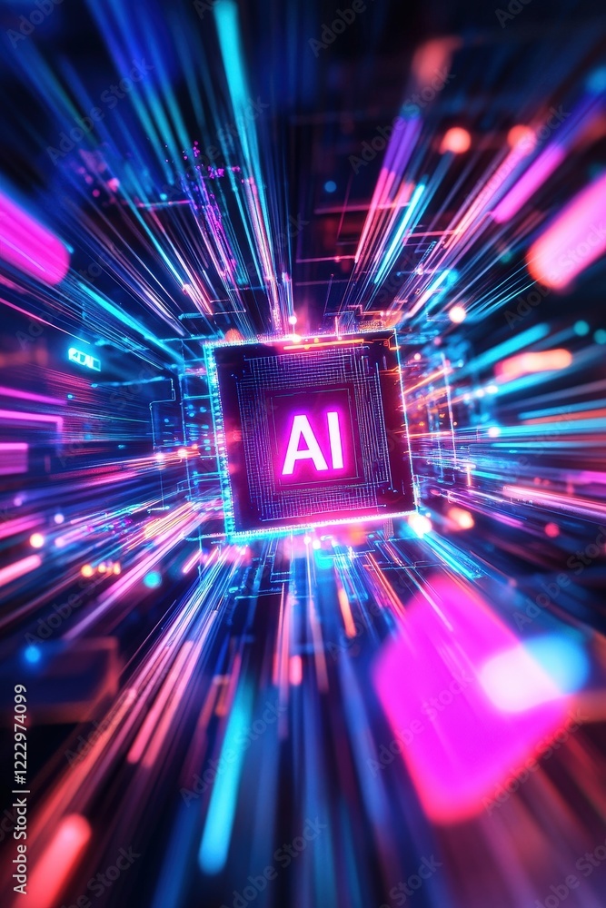 Poster ai technology and digital data explosion in a vibrant circuit board with bright neon lights represen