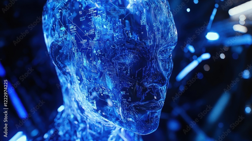 Poster ai technology and futuristic concepts with a glowing blue humanoid figure representing innovation in