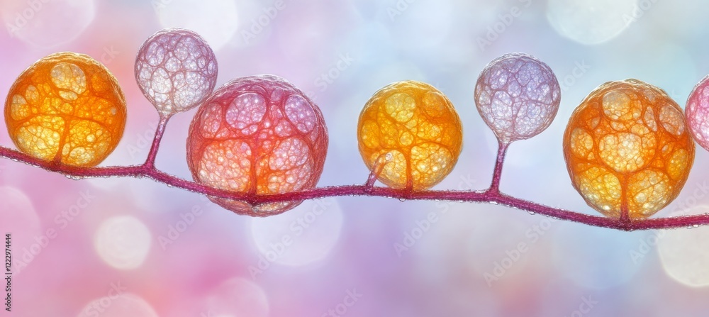 Poster abstract microscopic pattern with vibrant organic structures on translucent branches and bokeh