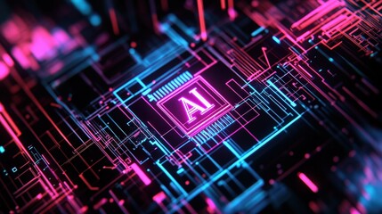 AI technology concept with digital circuit board, neon colors, and data processing elements representing artificial intelligence, machine learning, and innovation.