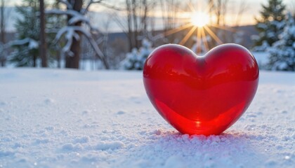 Fototapeta premium Red heart in snow with sunset background