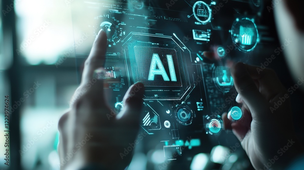 Poster ai technology, digital innovation, and futuristic interface in hands during research and analysis fo