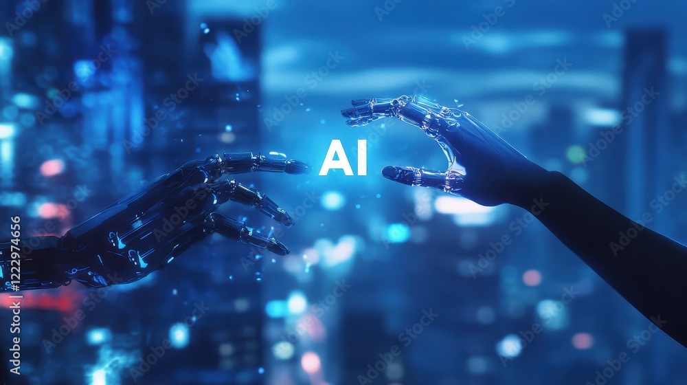 Wall mural ai technology, digital interaction and futuristic concept with human and robotic hands reaching out 