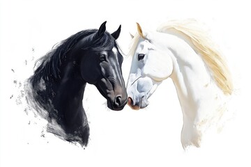 Digital painting of a black and white horse touching noses, symbolizing harmony and contrast with a minimalist white background..