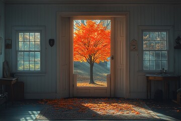 Autumn's vibrant embrace fills a quiet room sunlight streaming through an open doorway revealing a fiery maple tree
