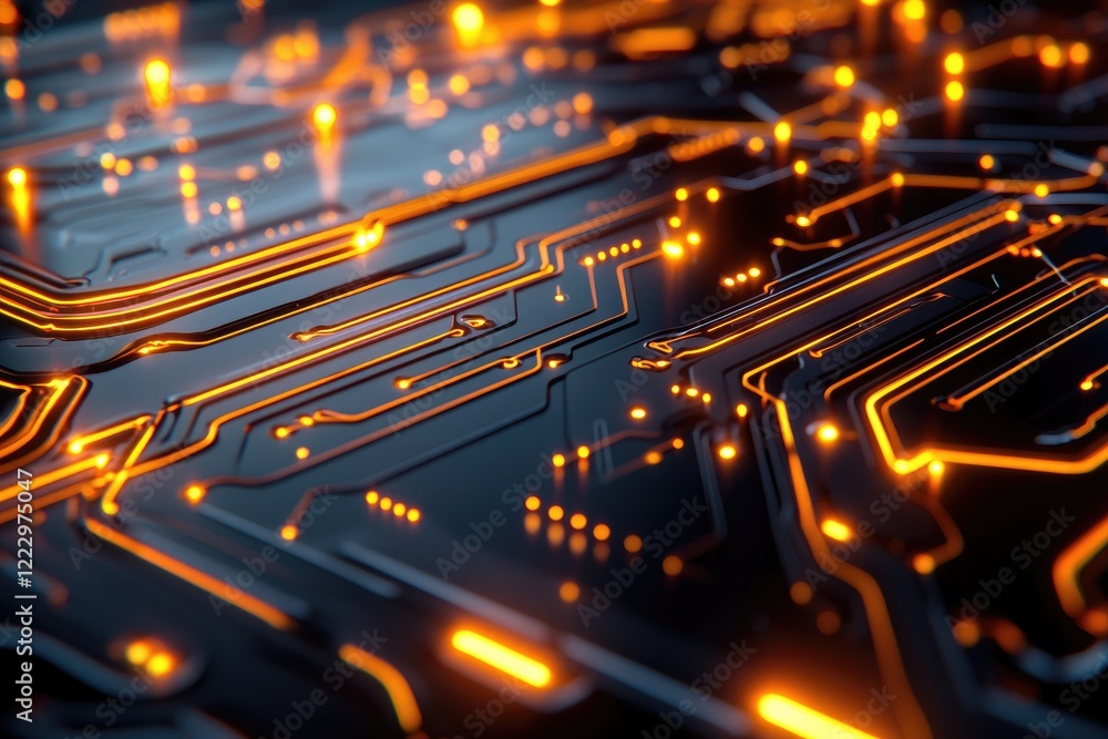 Poster modern circuit board design with clean lines and glowing accents against a soft background