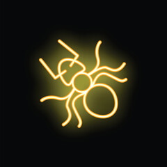 Bright yellow neon sign in the shape of an ant glowing on a black background