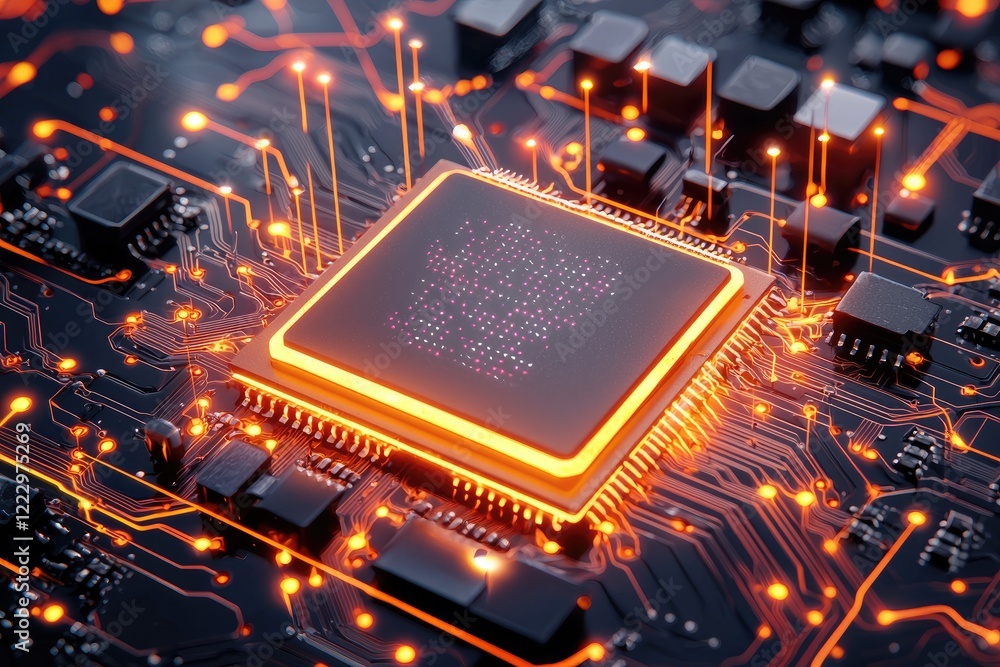 Poster modern circuit board design with clean lines and glowing accents against a soft background