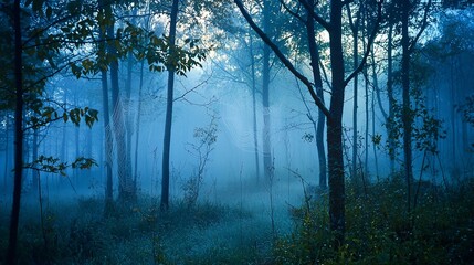 Obraz premium Misty forest landscape at dawn with tall trees, ethereal light, and soft fog creating a serene atmosphere