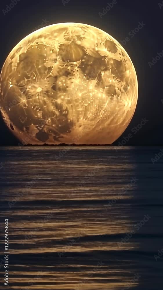 Poster full moon rises over calm ocean waters creating a golden reflection during twilight hours