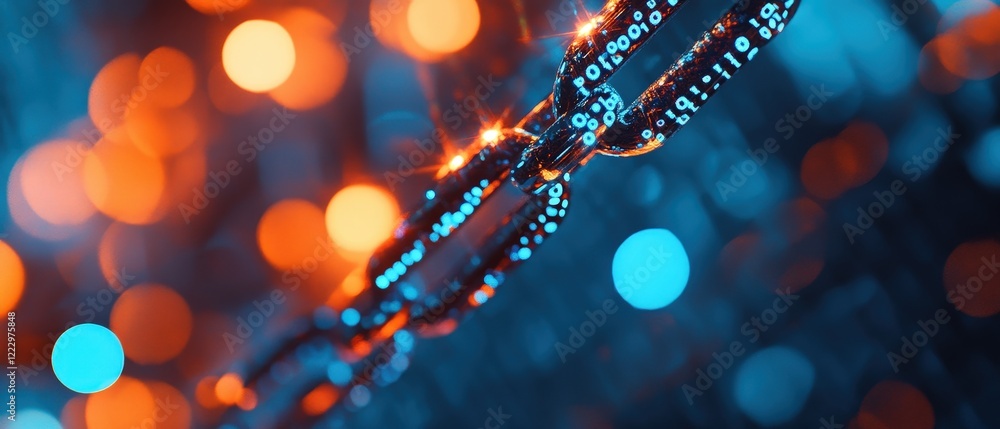 Poster blockchain technology concept with interconnected chains and glowing digital nodes, representing dat