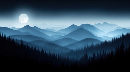 Mystical moonlit mountain landscape with blue hues
