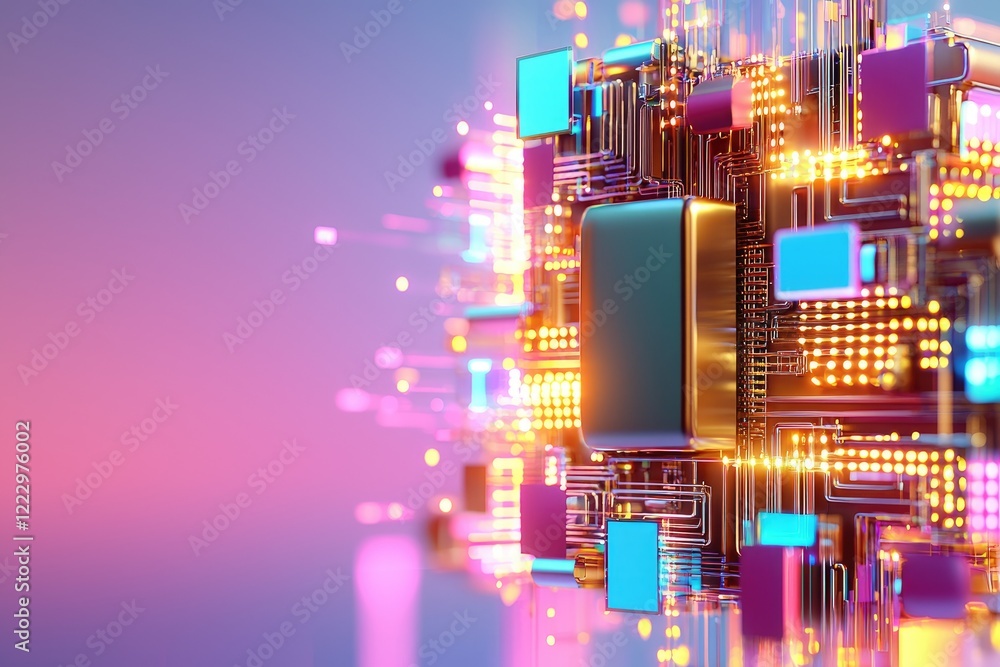 Poster digital innovation showcased by vibrant, abstract visuals of connected devices against a subtle grad
