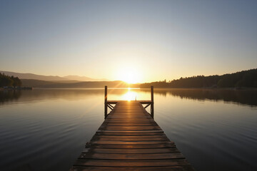 Obraz premium Wooden dock at sunset on calm lake