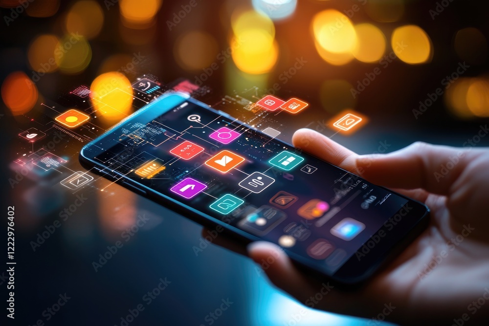 Poster digital customer experience illustrated by a user interacting with a sleek app on a smartphone, surr