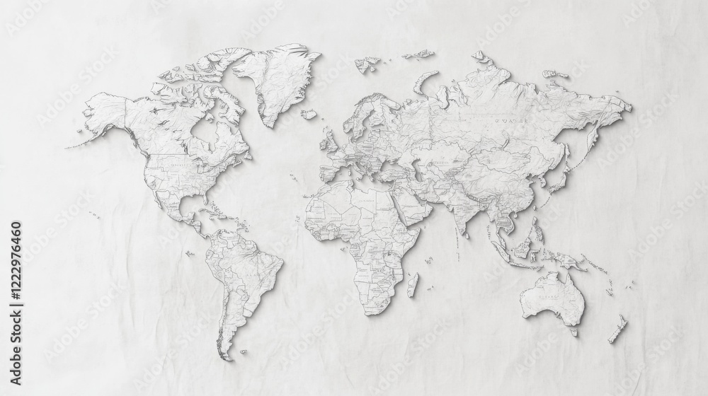 Poster embossed world map on textured background.