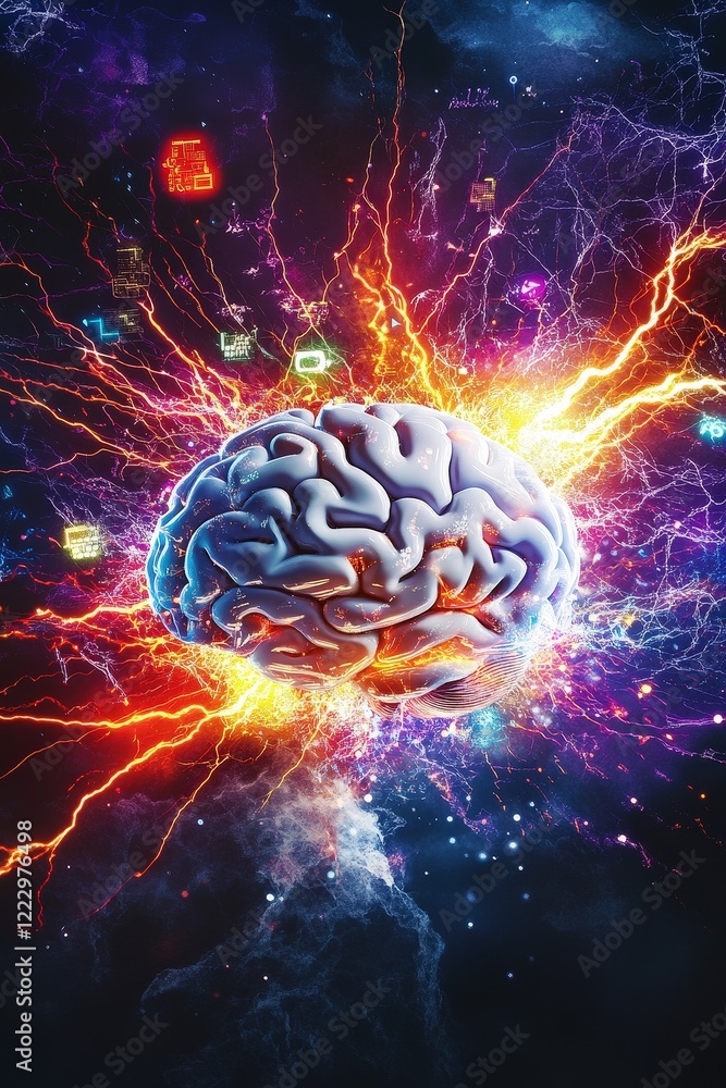 Poster brain, digital connections and abstract energy waves representing neural activity and technology int