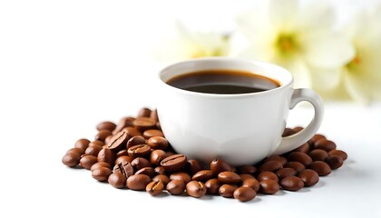 Fototapeta premium A closeup view of a cup of black coffee and coffee beans on white background