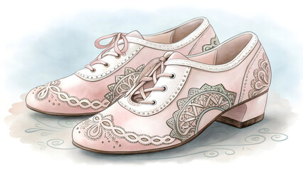 Polished Irish dance shoes on dark wooden floor with cultural accents