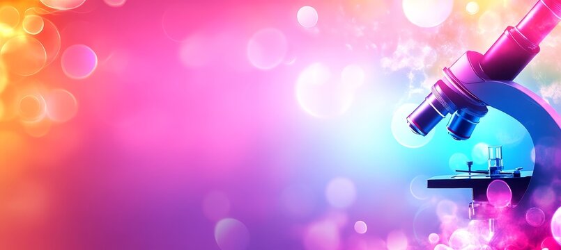 Vibrant Laboratory Background, Microscope With Slides, Colorful Bokeh, Science And Research Concept.