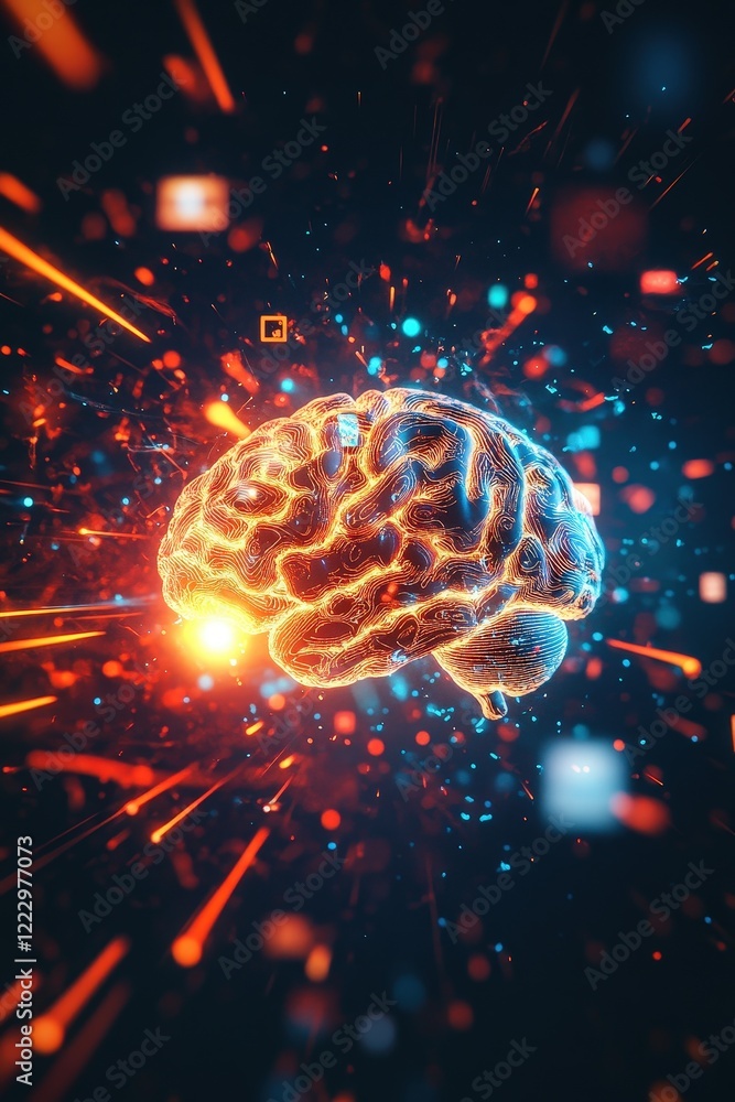 Poster brain illustration with digital effects, representing cognitive processes, neural pathways, and data