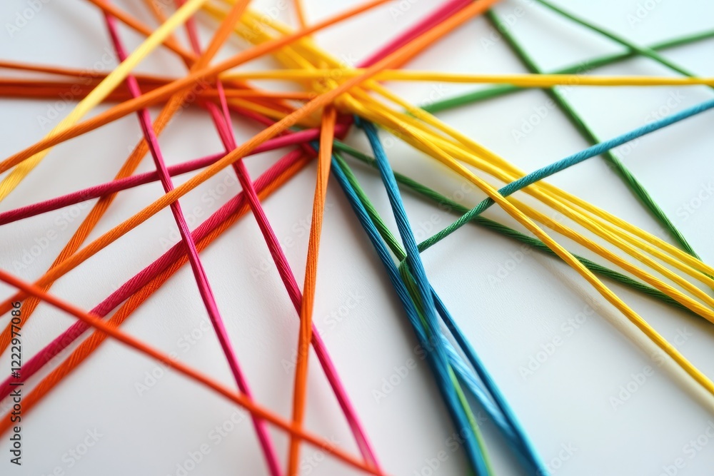Poster a network of colorful threads weaving together to form a stable connection, minimalistic style, neut