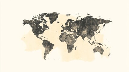 Grunge textured world map in sepia tones on a light background.