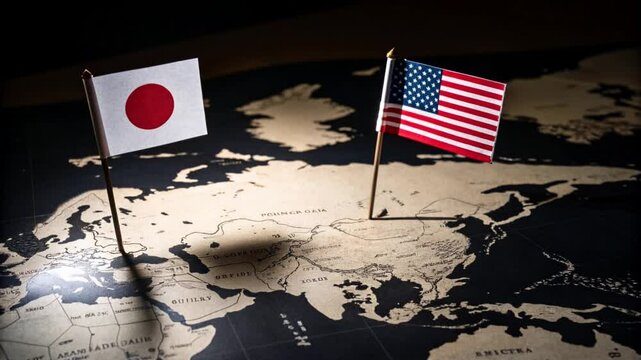 American and Japanese Flags Positioned on a World Map