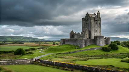 Majestic Irish castle amid green hills under a dramatic sky