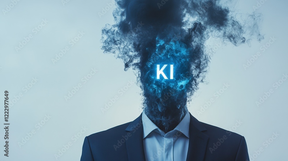 Poster business person with abstract clouded head representing artificial intelligence and digital transfor