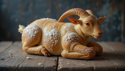 A Detailed Close-up of a Beautifully Crafted Bread Goat Shaped Like a Ram, Artisanal Bakery Product