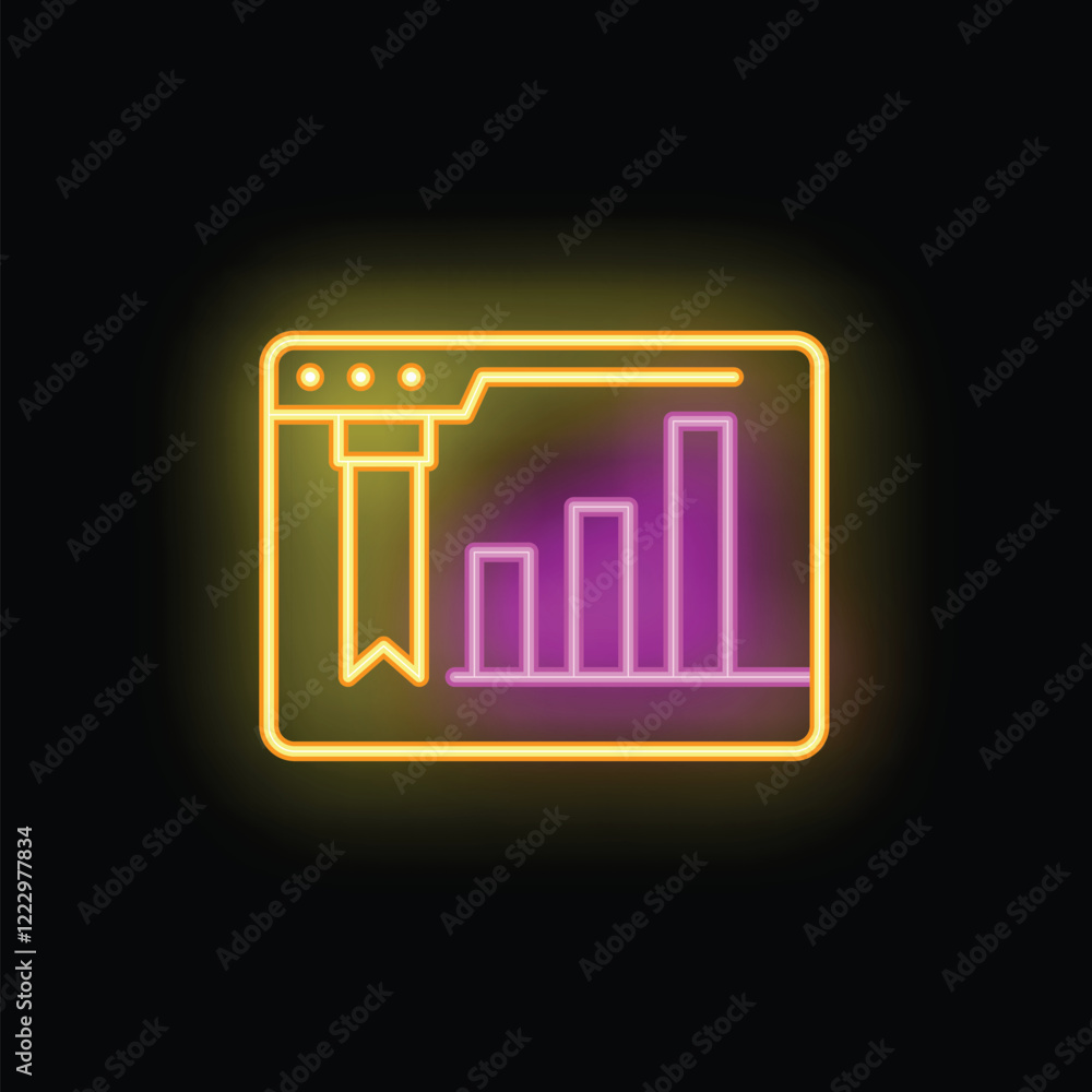 Aufkleber neon icon of a browser window displaying a growing bar chart and a bookmark ribbon