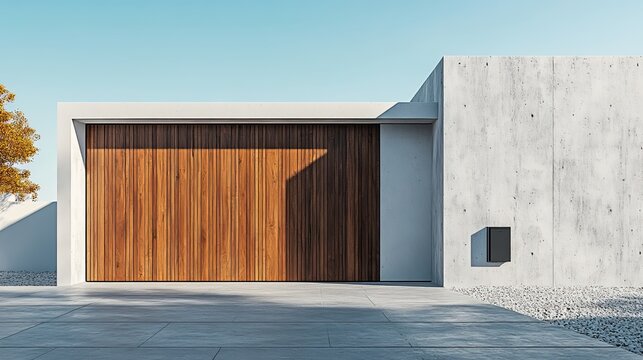 Contemporary Architectural Design Featuring a Stylish Modern House with Elegant Wooden Garage Door Surrounded by Lush Greenery and Clear Blue Sky Creating a Welcoming and Inviting Atmosphere