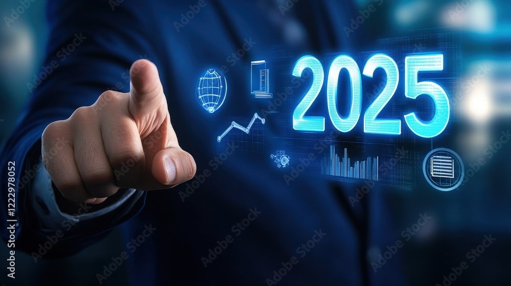 Poster business professional interacting with futuristic digital interface displaying graphs and projection
