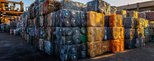 Fototapeta premium Recycling center bales, plastic waste, industrial background