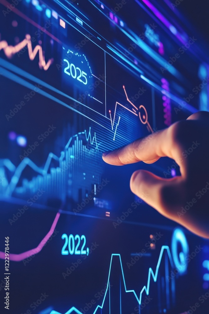 Poster business strategies involving financial data analysis and stock market trends showcased on digital d