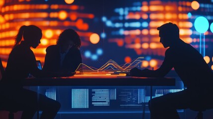 Business team collaborating at a digital table in a modern office, analyzing financial data trends and market research for strategic planning and investment decisions.