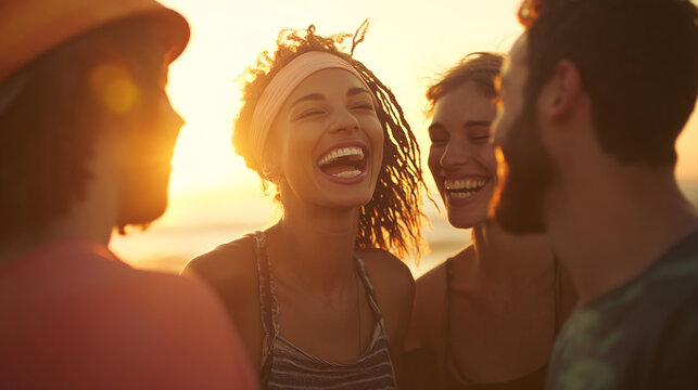 Group of friends enjoying a sunset beach gathering while laughing and reminiscing about shared memories together