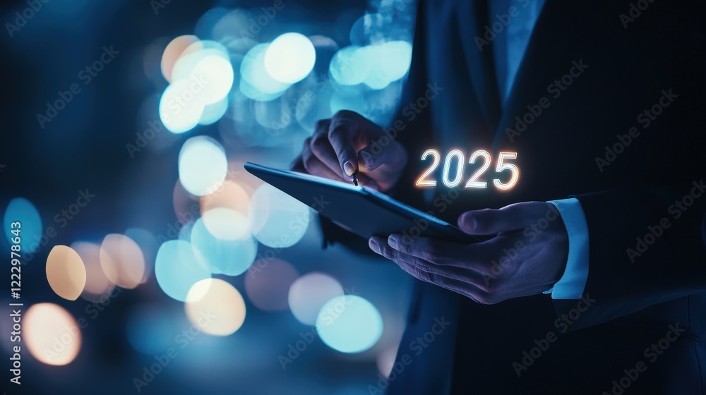 Poster businessman using tablet with futuristic 2025 projection in dark environment, symbolizing digital in