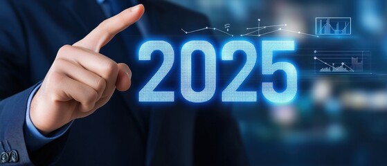 Businessman pointing at the year 2025 in futuristic digital interface with graphs and data, symbolizing future trends in technology and finance innovation.