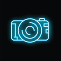 Blue neon sign of a camera glowing on a black background
