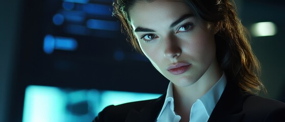 Businesswoman in a dark office environment analyzing data on a computer screen, focused on strategic decision-making and innovative solutions in technology.