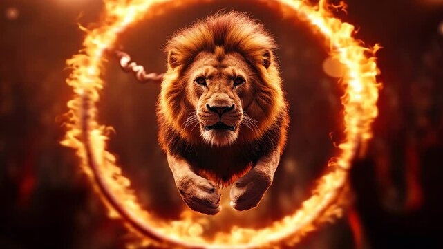 Majestic Lion Leaping Through Fiery Ring in Dramatic Performance