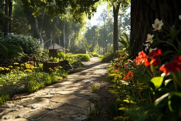Obraz premium Tranquil Forest Trail, sunlit pathway through lush greenery, inviting exploration, sense of calm, depth and immersion in nature's embrace