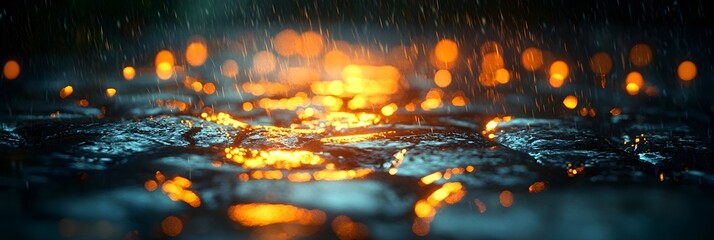A background of rain-soaked cobblestones with water glistening under streetlights.
