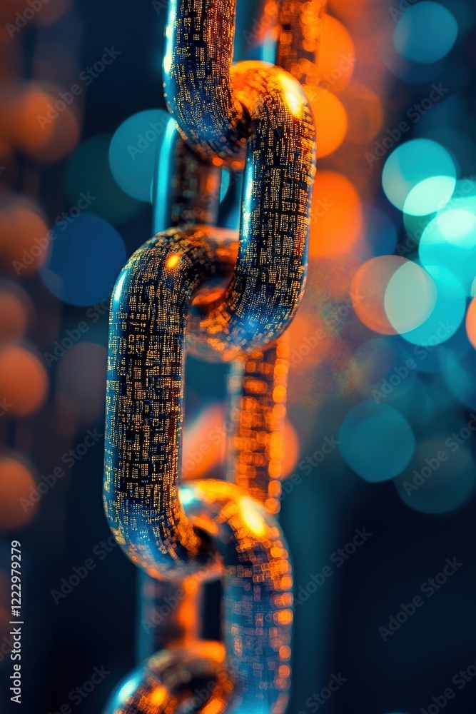 Poster chain link, digital technology and glowing bokeh background representing connectivity, cybersecurity