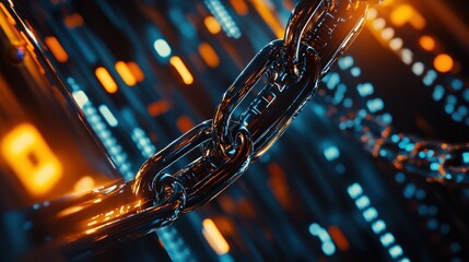 Chain links interconnected in a digital environment, representing security, data integrity, and blockchain technology with glowing circuits and a futuristic backdrop.